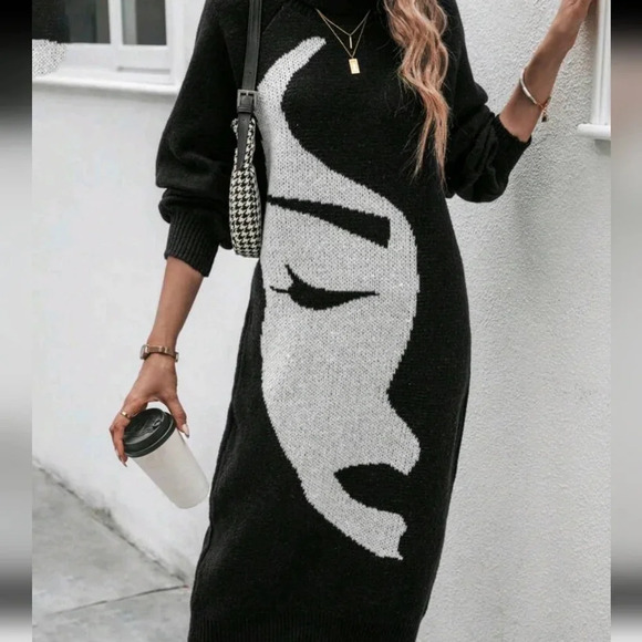 Figure Graphic Turtleneck Lantern Sleeve Sweater Dress - Picture 5 of 5